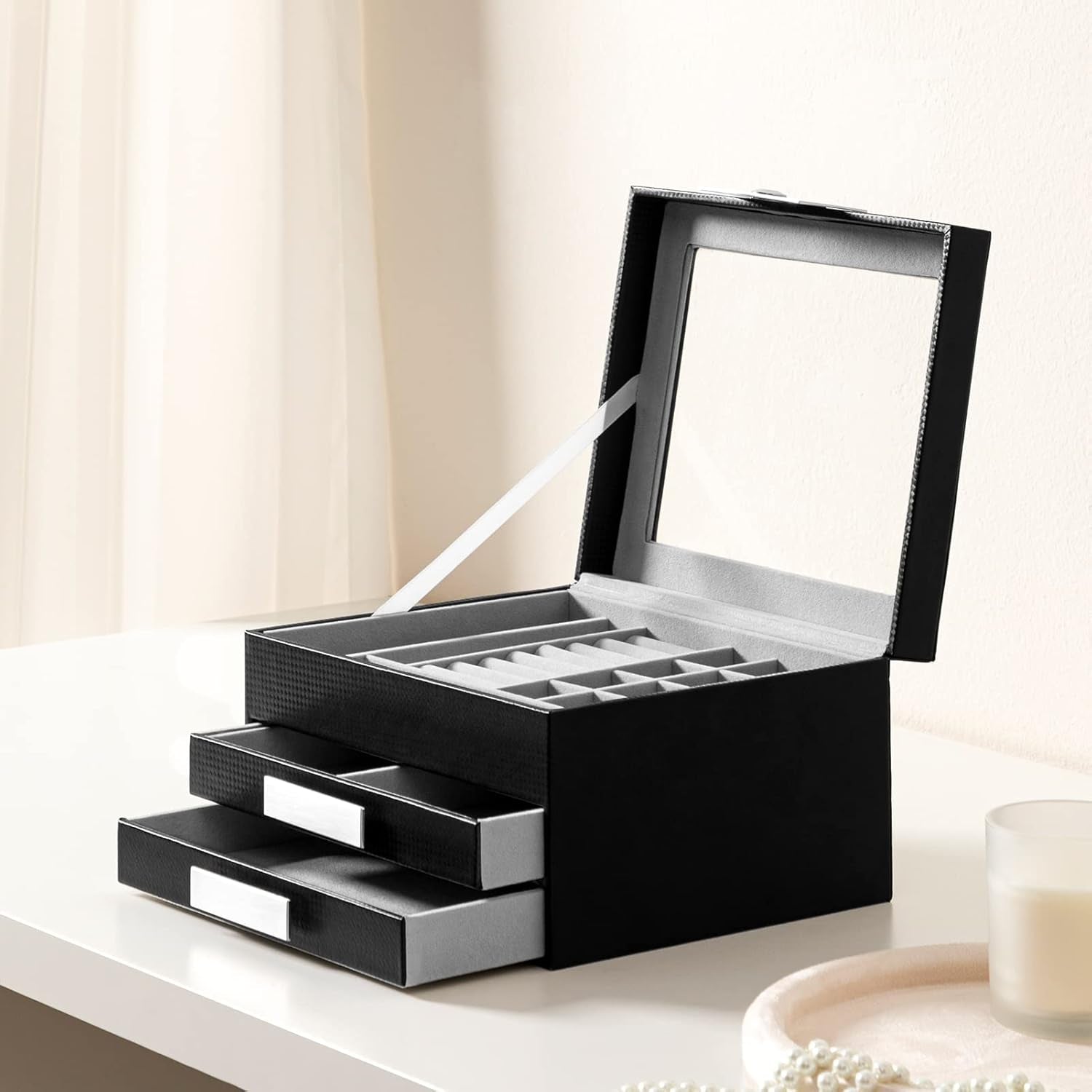 Jewelry Box with Glass Lid, 3-Tier Women PU Leather Jewelry Organizer with 2 Drawers, Large Portable Makeup Jewelry Case for Necklaces Chain Rings Earrings, Suitable Gift for Festival Day