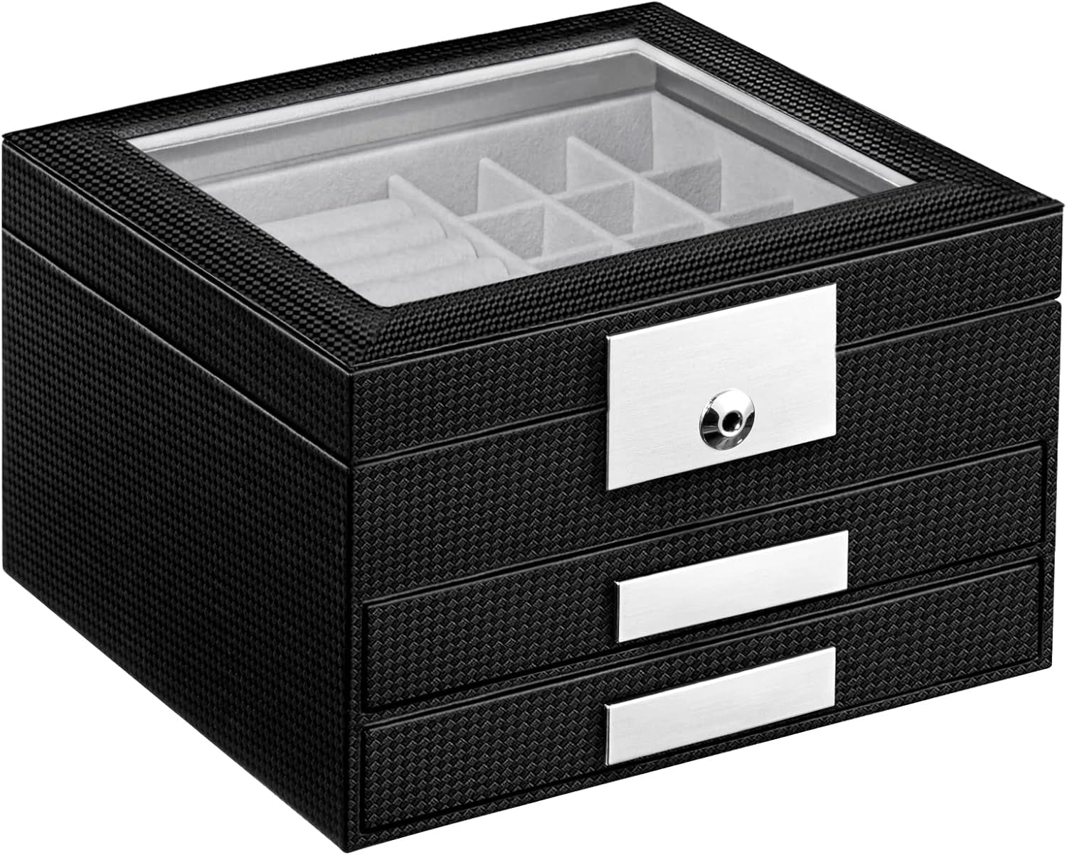 Jewelry Box with Glass Lid, 3-Tier Women PU Leather Jewelry Organizer with 2 Drawers, Large Portable Makeup Jewelry Case for Necklaces Chain Rings Earrings, Suitable Gift for Festival Day