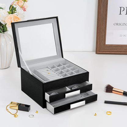 Jewelry Box with Glass Lid, 3-Tier Women PU Leather Jewelry Organizer with 2 Drawers, Large Portable Makeup Jewelry Case for Necklaces Chain Rings Earrings, Suitable Gift for Festival Day