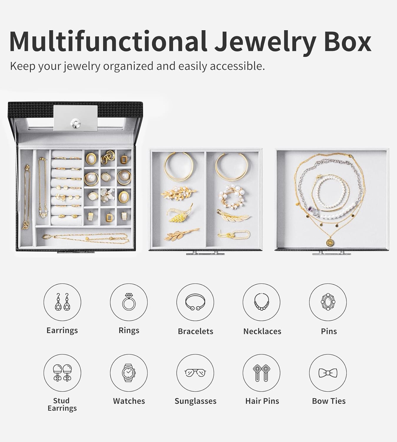 Jewelry Box with Glass Lid, 3-Tier Women PU Leather Jewelry Organizer with 2 Drawers, Large Portable Makeup Jewelry Case for Necklaces Chain Rings Earrings, Suitable Gift for Festival Day
