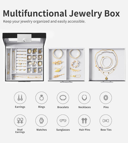 Jewelry Box with Glass Lid, 3-Tier Women PU Leather Jewelry Organizer with 2 Drawers, Large Portable Makeup Jewelry Case for Necklaces Chain Rings Earrings, Suitable Gift for Festival Day