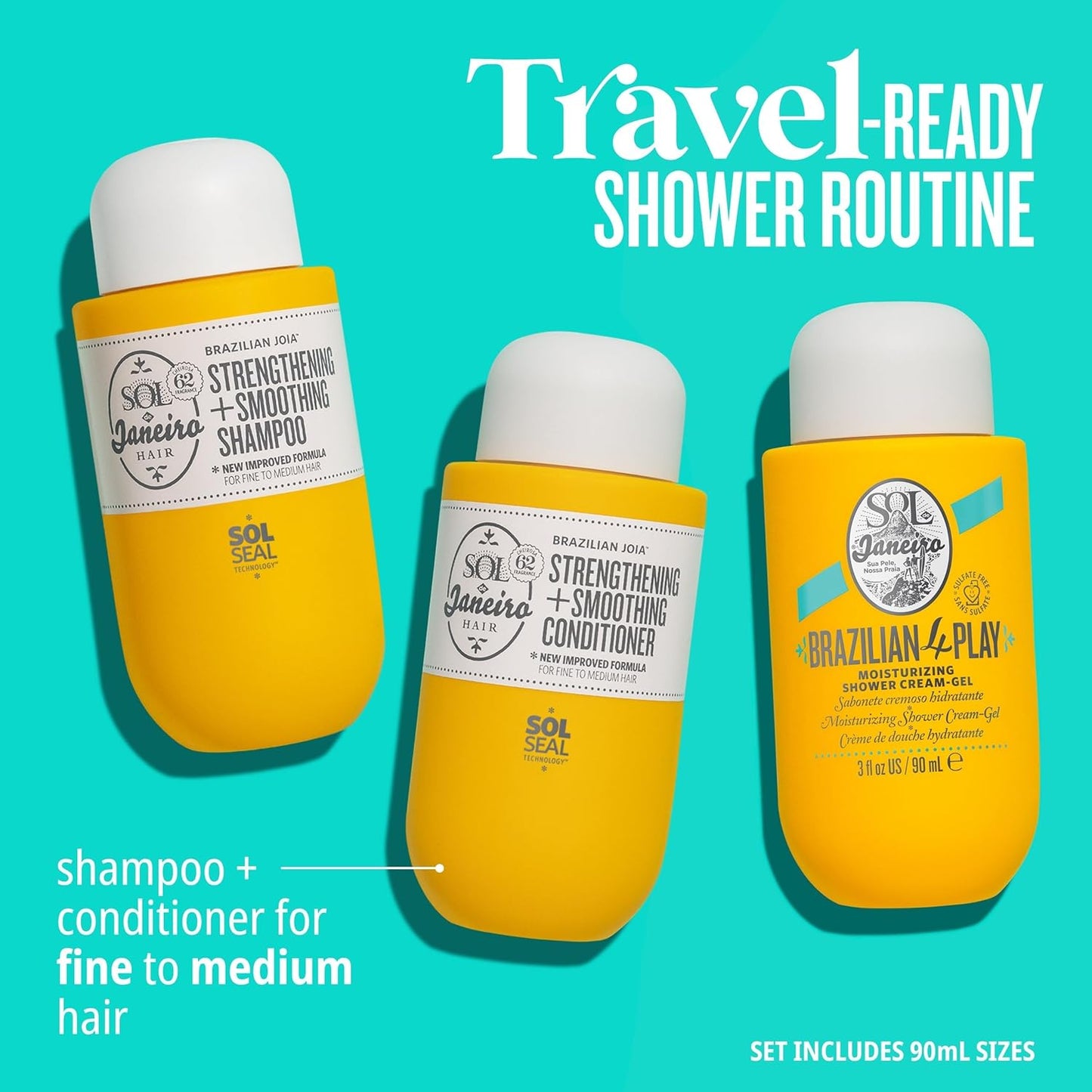 Mini Brazilian Play Moisturizing Shower Cream Gel Body Wash + Brazilian Joia Damage Repairing Shampoo and Conditioner Set