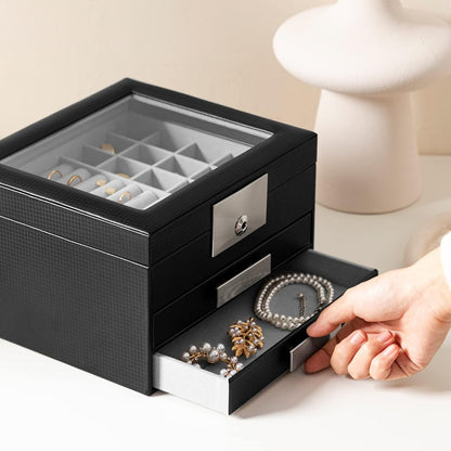 Jewelry Box with Glass Lid, 3-Tier Women PU Leather Jewelry Organizer with 2 Drawers, Large Portable Makeup Jewelry Case for Necklaces Chain Rings Earrings, Suitable Gift for Festival Day