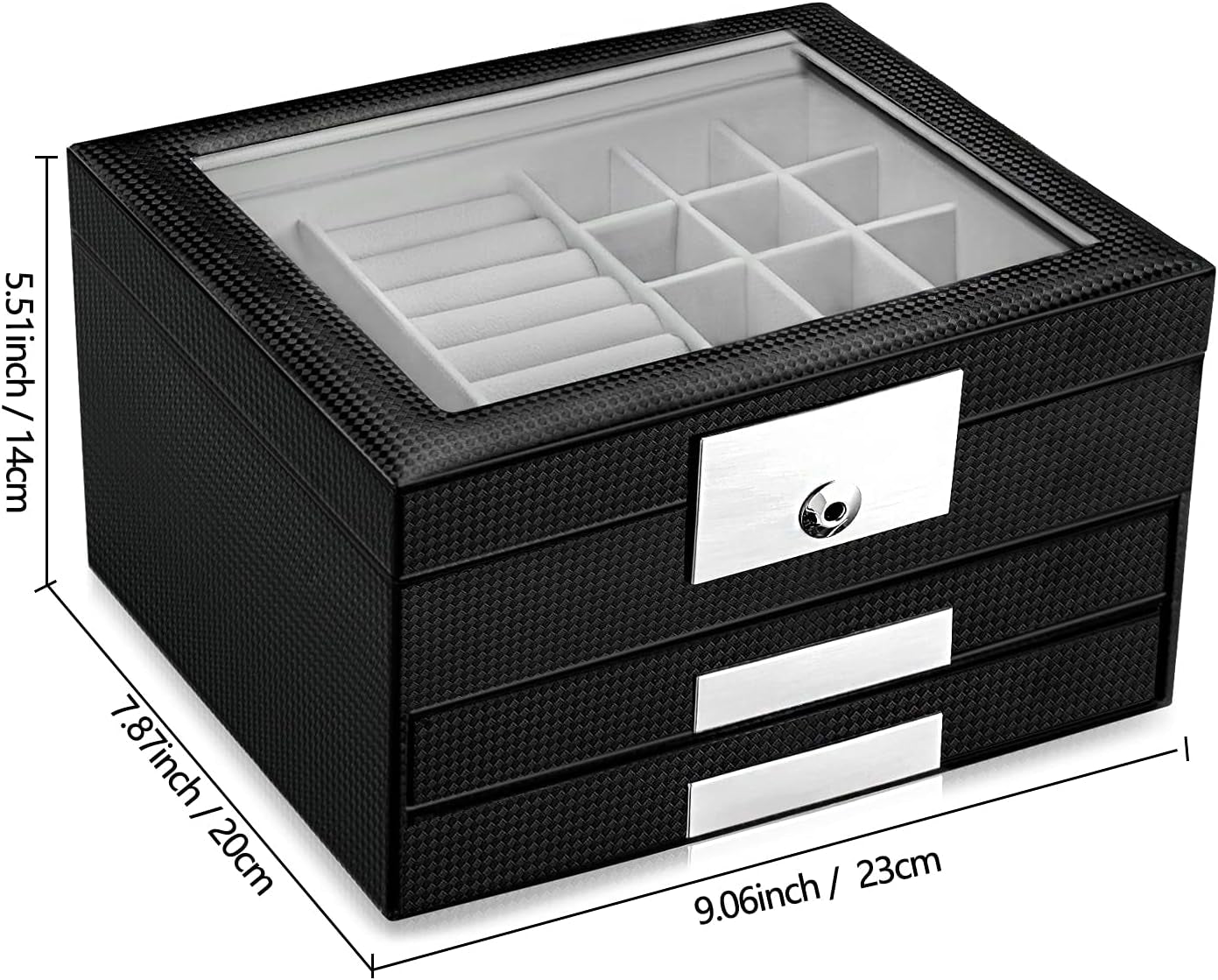 Jewelry Box with Glass Lid, 3-Tier Women PU Leather Jewelry Organizer with 2 Drawers, Large Portable Makeup Jewelry Case for Necklaces Chain Rings Earrings, Suitable Gift for Festival Day