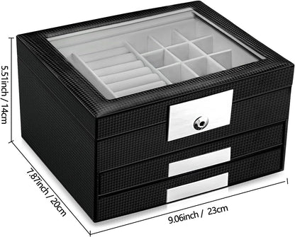Jewelry Box with Glass Lid, 3-Tier Women PU Leather Jewelry Organizer with 2 Drawers, Large Portable Makeup Jewelry Case for Necklaces Chain Rings Earrings, Suitable Gift for Festival Day
