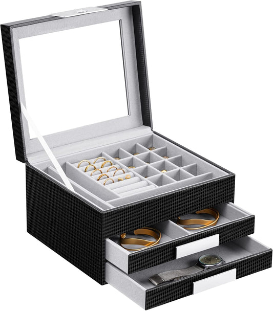 Jewelry Box with Glass Lid, 3-Tier Women PU Leather Jewelry Organizer with 2 Drawers, Large Portable Makeup Jewelry Case for Necklaces Chain Rings Earrings, Suitable Gift for Festival Day