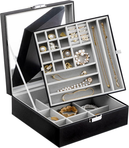 Black Jewelry Box Organizer 2 Layers Large Mirror PU Leather Jewelry Storage Case Drawer with Removable Display Tray for Necklace Earrings Rings Bracelets